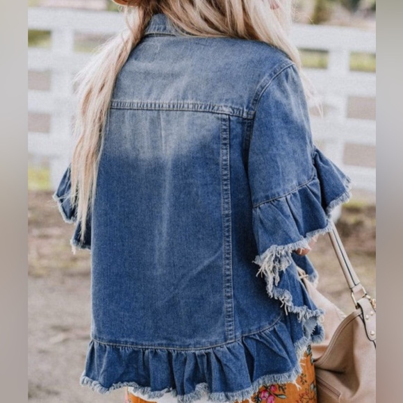 Blue Raw Edge Ruffled Short Sleeve Denim Jacket - Picture 4 of 6
